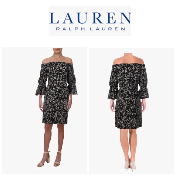 Lauren Ralph Lauren Black and White Dotted Off-Shoulder Sheath Dress 14 - Picture 1 of 14